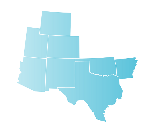 Map of Arizona, Arkansas, Colorado, New Mexico, Oklahoma, Texas, Wyoming and Utah