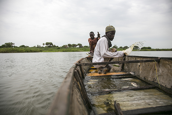 Fishermen Moussa Mai and Hassane Issa take their boat onto Lake Chad to fish. They arrived in Kaya village 12 months ago, after fleeing Boko Haram violence. Photo by Michael Stulman/CRS