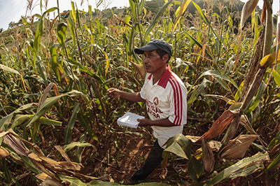Climate change means rains are scarce for farmlands in La Loma Community, El Salvador. CRS is helping farmers like Lorenzo Antonio Leon plant corn using new agricultural practices that keep moisture in the ground. Photo by Oscar Leiva/Silverlight for CRS