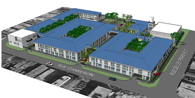 Architect's rendering of the plans for St. François de Sales Hospital. The original hospital was largely destroyed in the earthquake that hit Port-au-Prince on January 12, 2010. CRS is rebuilding the hospital, which will be dedicated in January 2015. Illu