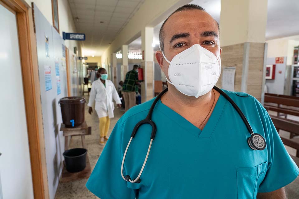 Liberian health worker wearing mask