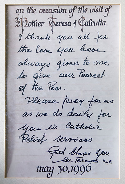 A letter presented to CRS by Mother Teresa on her visit to CRS headquarters on May 30, 1996. Photo by CRS staff