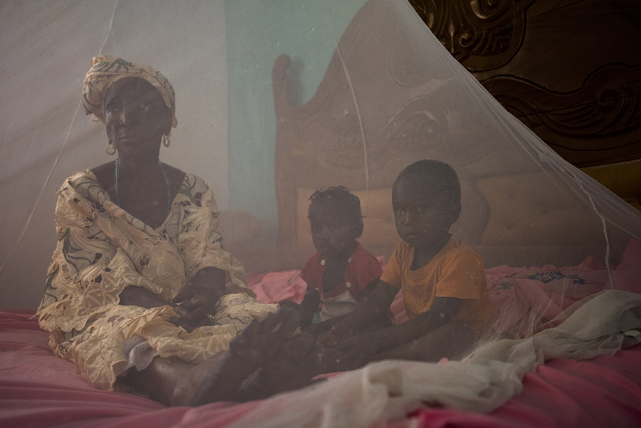 mother and children under malaria net in the gambia