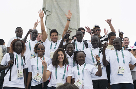 The first-ever Olympic team of international refugee athletes, representing over 65 million refugees worldwide, poses together before participating in the summer games in Rio de Janeiro, Brazil. Photo by IOC/David Burnett/Contact Press Images The first-ever Olympic team of international refugee athletes, representing over 65 million refugees worldwide, poses together before participating in the summer games in Rio de Janeiro, Brazil.