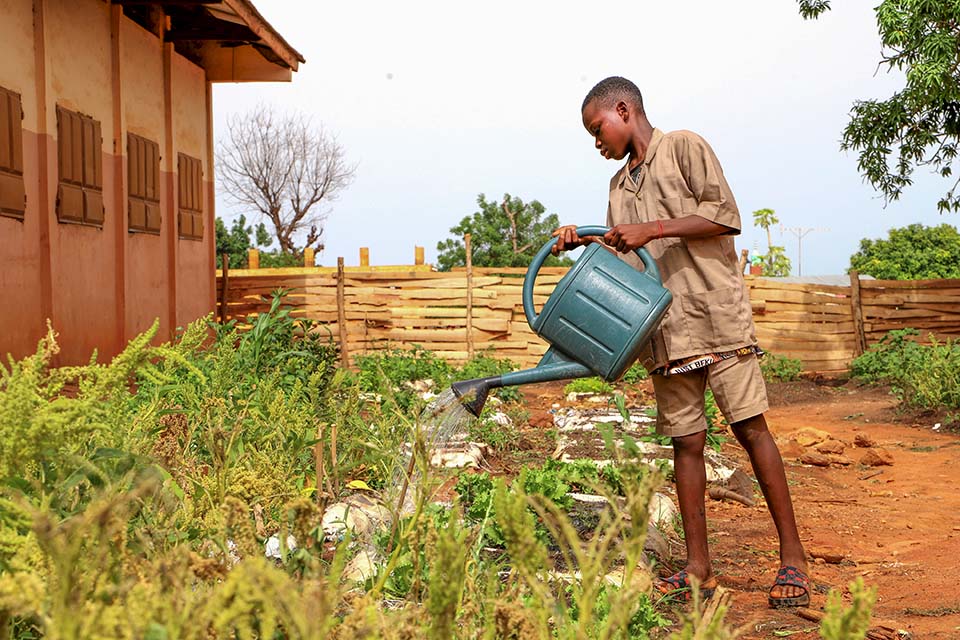 student waters Benin school garden
