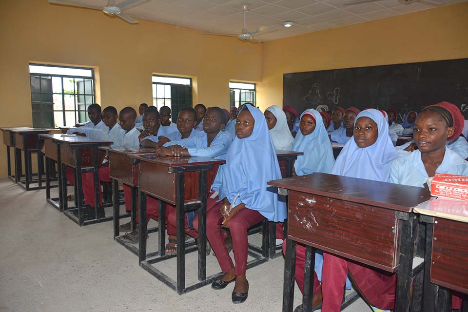 Students sit in their new classroom in Nigeria
