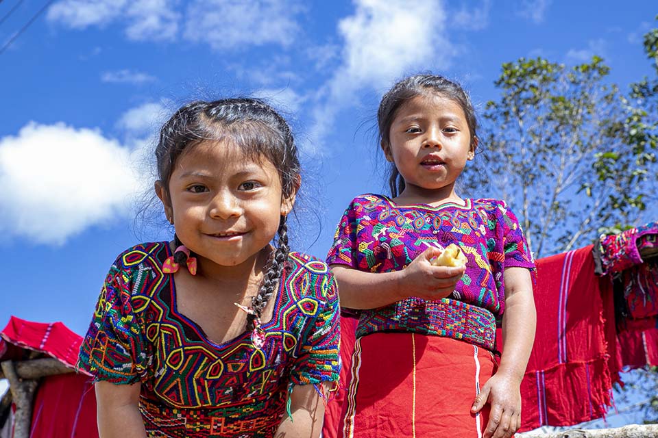 two girls looking down at camera in Guatemala