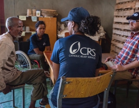 CRS' Will Baxter, Regional Information Officer for East Africa, with Terhas Clark, Communications and Disability Program Specialist for CRS/Ethiopia, interviewing beneficiaries of the USAID-funded Joint Emergency Response Program (JEOP) in Ethiopia.