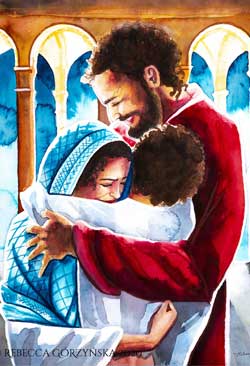 Art of the Holy Family hugging in the Temple by Rebecca Gorzynska 