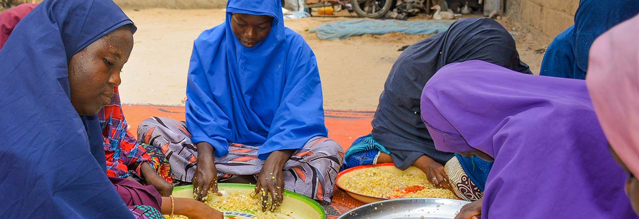 women husking soybeans in Nigeria