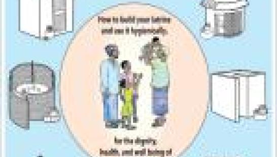 Cover of "A Practical Guide for Building a Simple Pit Latrine," featuring latrine illustrations and a central image of a family.