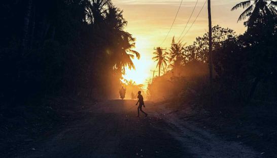 A street at dusk.