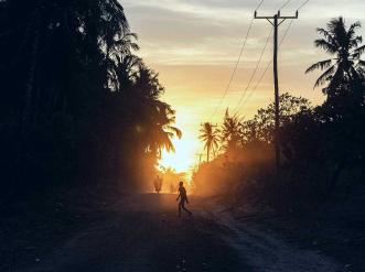 A street at dusk.