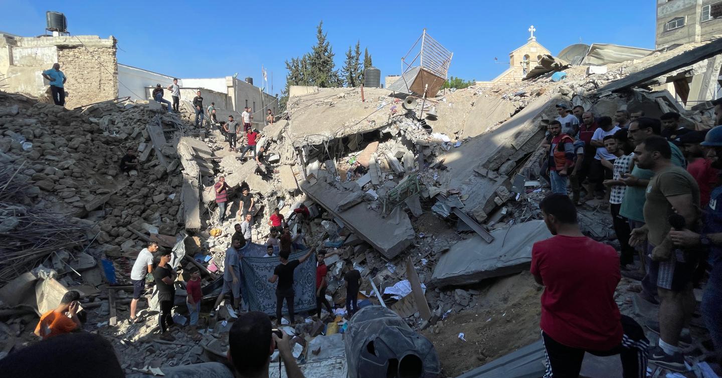 Scene of destruction in Gaza near a church. 