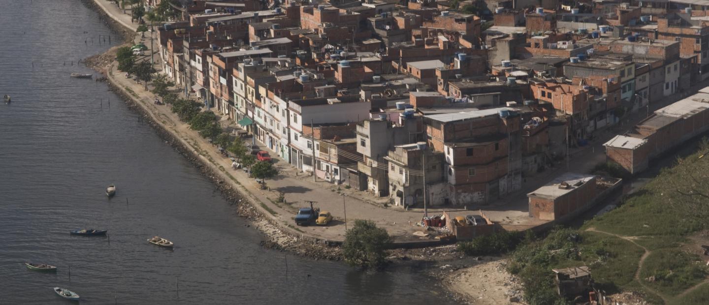 An aerial view of a coastal town.