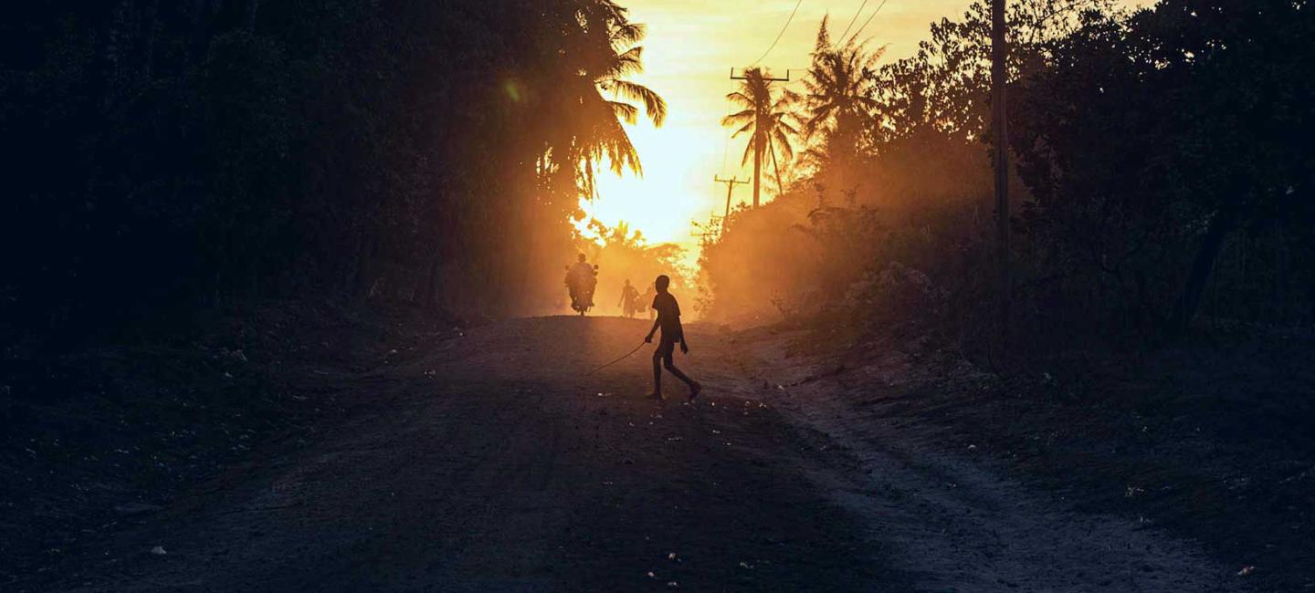 A street at dusk.