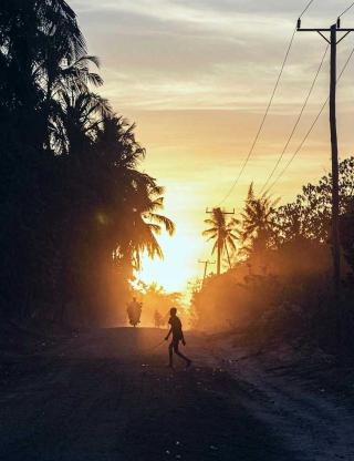 A street at dusk.