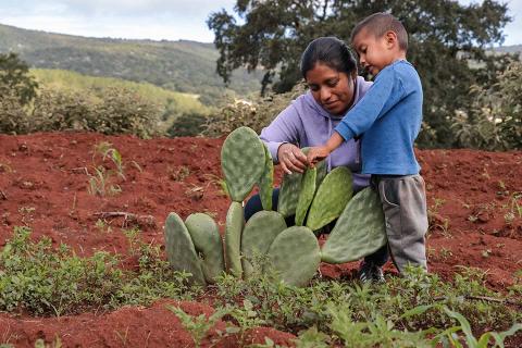 A woman and a child by a cactus plant.