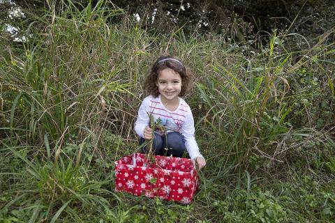 A child sitting in a field.