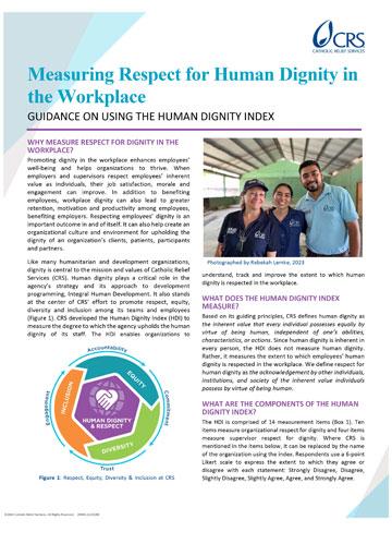 Cover page of a Catholic Relief Services guide titled "Measuring Respect for Human Dignity in the Workplace," featuring a photo of three smiling workers in uniforms and a diagram illustrating components of the Human Dignity Index, including respect, equity, and trust.