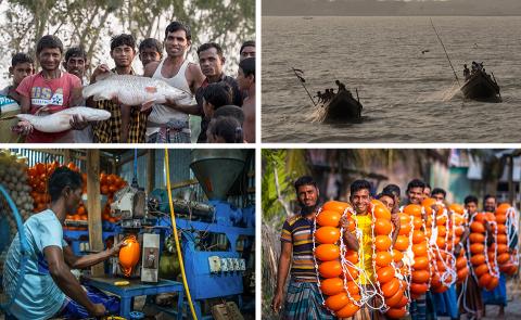 4 images of fisherman and boats.