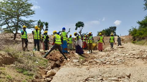 Workers in yellow hard hats standing in a field.