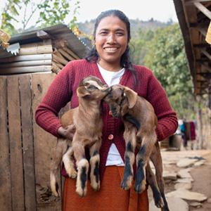 woman in plum colored sweater holds 2 young goats