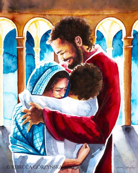 Art of the Holy Family hugging in the Temple by Rebecca Gorzynska