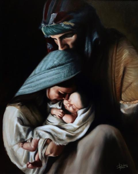 Art of Joseph and Mary holding the baby Jesus by Ruben Ferreira