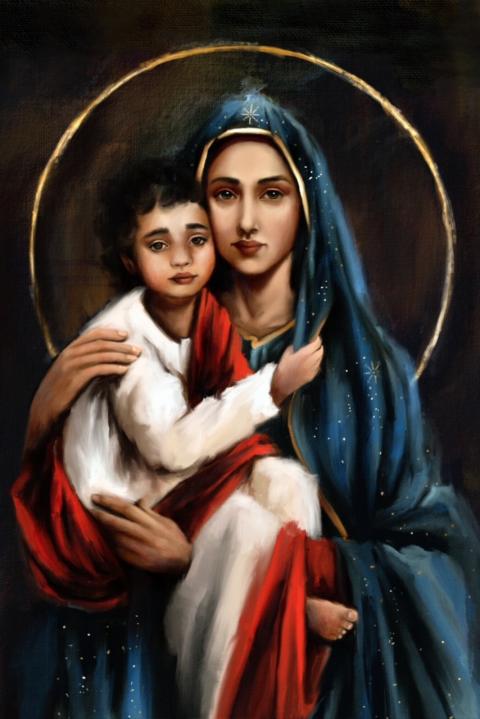 Art of Mary holding the baby Jesus by Jess Coe
