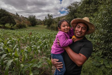 A man holding his daughter in front of their corn field.