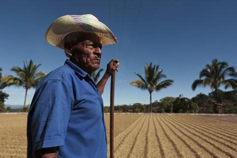 An older man leaning on his farming tool and looking away pensively.