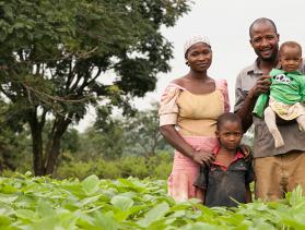 Family from Nigeria stands in a field of vegetables