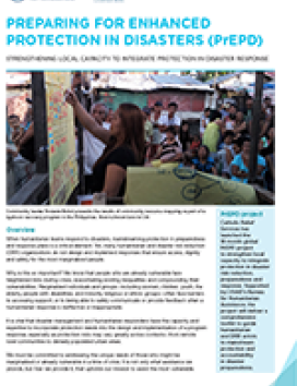 Alt text: USAID and CRS document on preparedness for enhanced resilience, featuring a photo of a woman leading a community discussion outdoors.