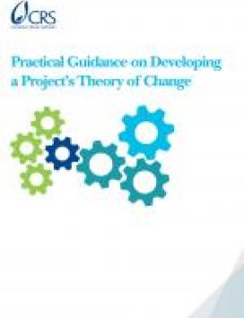 CRS manual "Practical Guidance on Developing a Project’s Theory of Change," featuring interconnected blue and green gears.