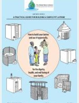 Cover of "A Practical Guide for Building a Simple Pit Latrine," featuring latrine illustrations and a central image of a family.