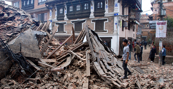 Damage in Swatha Square, Patan (one of the 3 districts of Kathmandu) from the 7.8 magnitude earthquake that struck Nepal and India on April 25, 2015. Photo courtesy of Edyta Stepczak (used by permission)