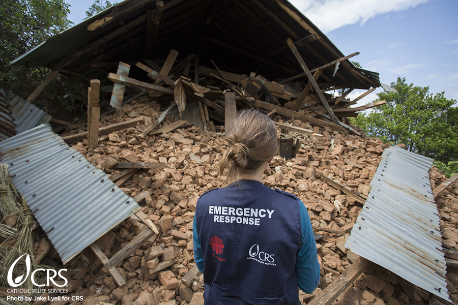 CRS emergency staff Elizabeth Tromans conducts a site assessment in Nepal.